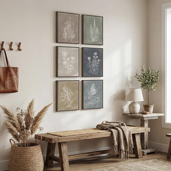 Framed Neutral Botanical Wall Art Set for Living Room, Vintage Minimalist Floral Canvas Painting Prints, Rustic Modern Farmhouse Boho Flower Line Pictures for Bedroom Dining Room Wall Decor, 12x16 In