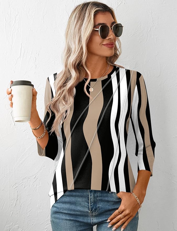 LOMON 3/4 Length Sleeve Womens Tops Spring Summer Fashion 2026 Tops Crew Neck Pleated Shirts Tunic Top Loose Fit
