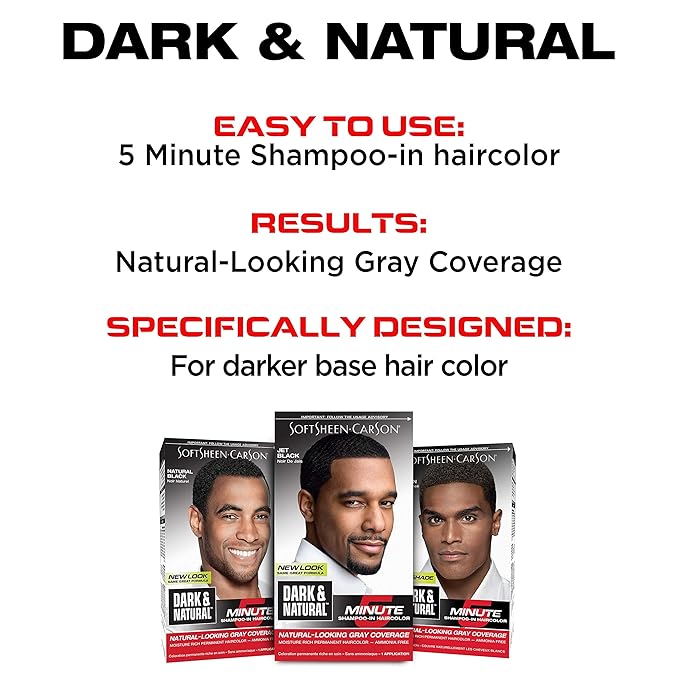 SoftSheen-Carson Dark & Natural Hair Color for Men 5 Minutes, Gray Coverage for Up To 6 Weeks, Shampoo-in Permanent Hair Dye, Jet Black, Ammonia Free, Natural Black