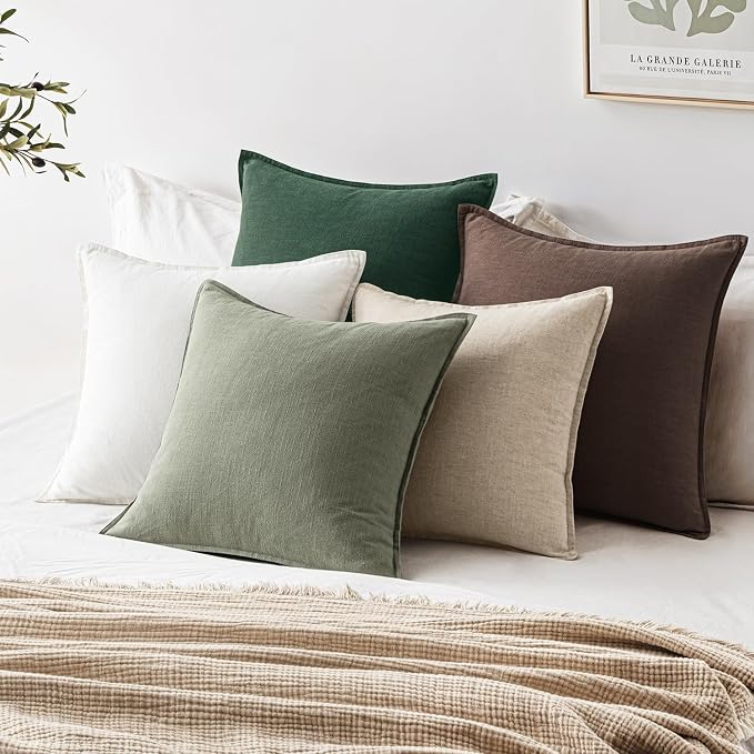 EMEMA Euro Sham Decorative Linen Throw Pillow Covers 22x22 Inch Green | Boho Farmhouse Neutral Couch Throw Pillows for Bed Pack of 2 Accent Pillowcase Modern Sofa Cushion Livingroom Home Decor