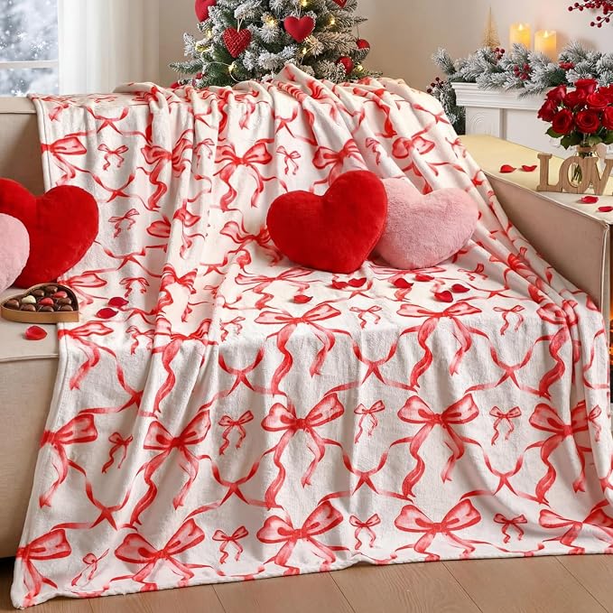 Red Bow Throw Blanket 50"x60" Soft Flannel for Girls Women | Coquette Aesthetic Decor with Ruffled Edges, Ultra Plush Bed Sofa Blanket, Preppy Gift for Teens, Back to School Dorm Room