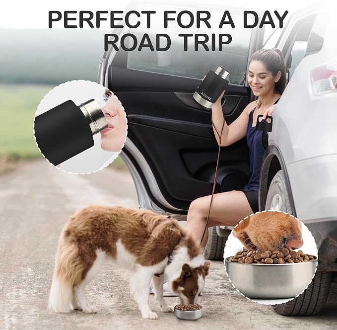 KEWIXY Insulated Dog Travel Water Bottle with Detachable Bowls, 3 in 1 Portable Dog Water Bottle Dispenser, Dog Accessories for Walking, Hiking, Camping, Outdoor (Black, 32 Oz)