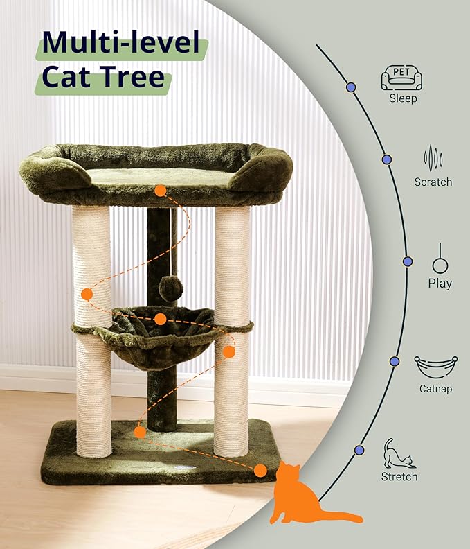 Cat Tree, Cat Scratching Posts with Large Bed for Big Cats | Green, Small Cat Tower, 28" Tall For Window Viewing, 23.6"x15.7" Large Cat Bed, Cat Hammock, Removable Cover, Solid Structure
