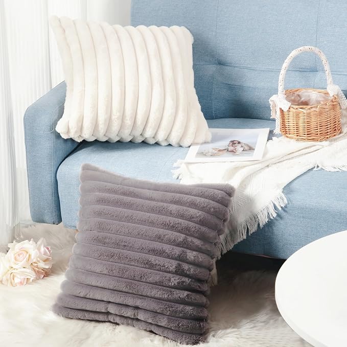 Decorative Throw Pillow with Inserts, Set of 2 Soft Faux Fur Throw Pillows, Square Boho Striped Pillow for Couch, Bed, Sofa Decor (Gray, 20" x 20"(Pack of 2))