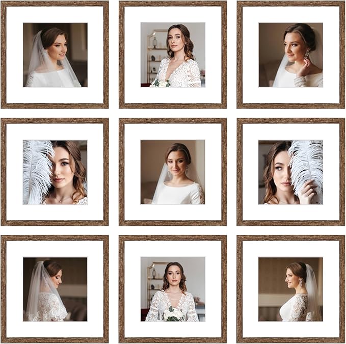 12x12 Picture Frame Set of 9, Display Pictures 8x8 with Mat or 12x12 without Mat, Multi Collage Gallery Square Photo Frames for Wall or Tabletop,Distressed Brown