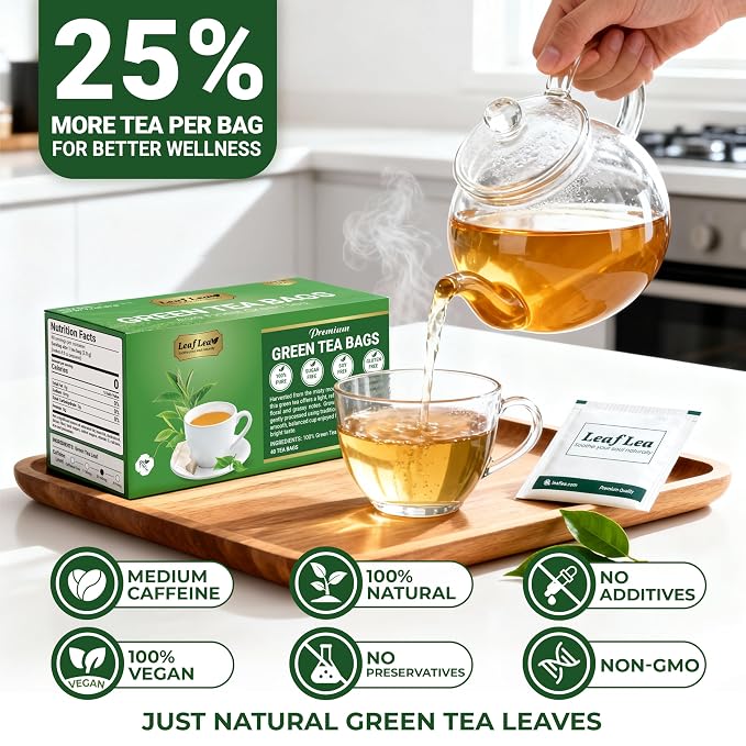 LeafLea Premium Green Tea Bags, Daily Wellness & Uplifting, 80 Count | Pure Green Tea Leaves, Bright And Mild Flavor, Caffeinated, Sugar-Free, Non-GMO, Vegan, Individually Wrapped, 2 Pack