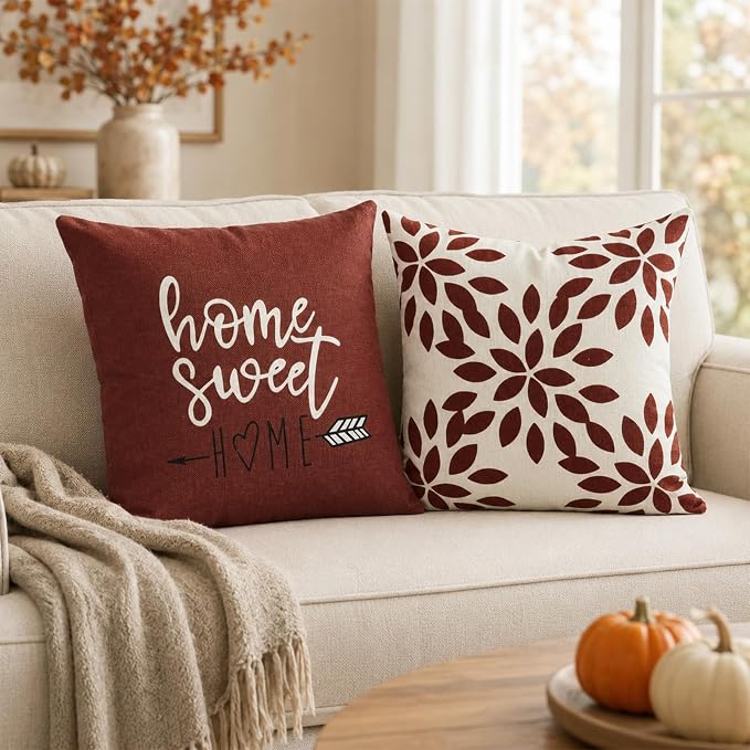 YCOLL Rust Linen Pillow Covers 20x20 Set of 4, Home Sweet Home Farmhouse Throw Pillow Covers, Holiday Decorative Cushion Covers for Sofa Couch Bed, Autumn Rustic Fall Decor