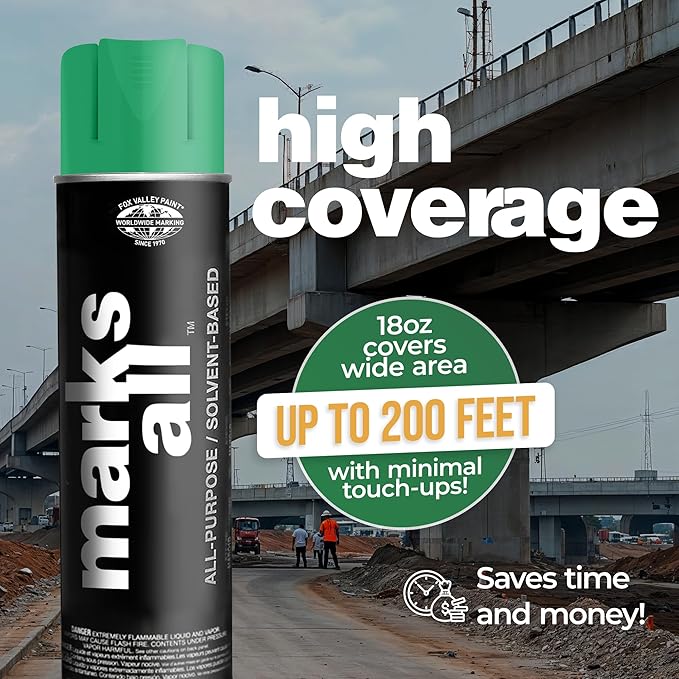 Fox Valley 18oz Marks All Solvent-Based Marking Paint Spray, 12-Pack Green APWA – Long-Lasting, Weather-Resistant Spray Paint for Wet or Dry Surfaces Like Metal, Grass, Concrete, Wood, & More
