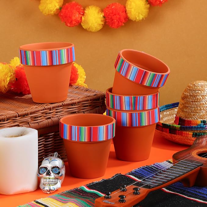 Reallnaive 9 Pcs Mexican Vase Table Decorations Fiesta Centerpieces | 4 Inch Terracotta Clay Pot with Drainage Hole, for Marigold Flower, Day of The Dead Table Decorations, Halloween Party Favor