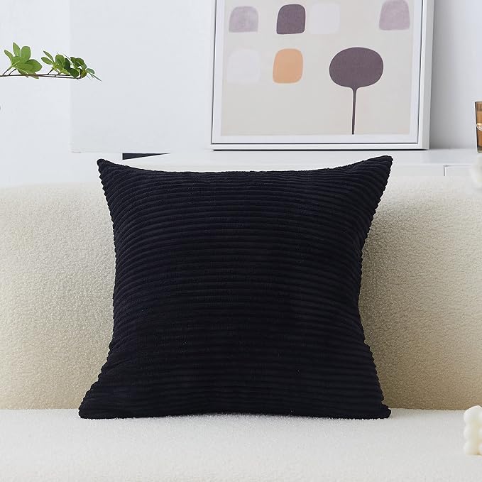 Home Brilliant Black Pillow Cover 18x18 Striped Corduroy Velvet Square Cushion Cover for Couch Super Soft Throw Pillow for Living Room Sofa Bench, Black, 18 inch, 45 x 45 cm