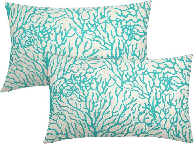 Nautical Coastal Coral Lumbar Pillow Covers 12x20 Inch Set of 2 Summer Ocean Beach Teal Turquoise Decorative Pillow Cases Outdoor Linen Cushion Cover Farmhouse Decor for Bedroom Home Sofa Couch Bed