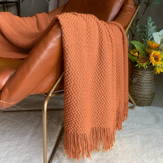 LOMAO Knitted Throw Blanket with Tassels Bubble Textured Lightweight Throws for Couch Cover Home Decor (Orange, 60x80)