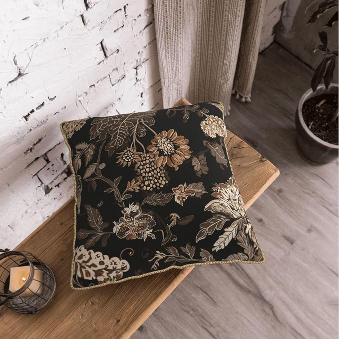 Vintage Black Floral Leaves Velvet Pillow Covers 20x20 Inch Brown Beige Tan Boho Flowers Throw Pillows For Couch Cushion Covers Pillowcase Farmhouse Bohemian Pillow Cases for Sofa Bed Bedroom