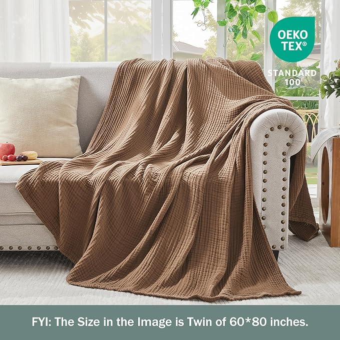 EMME Muslin Blankets for Adults Throw Blanket for Couch Breathable Gauze Soft Lightweight Airy Brown Throw XL 50" x 71"