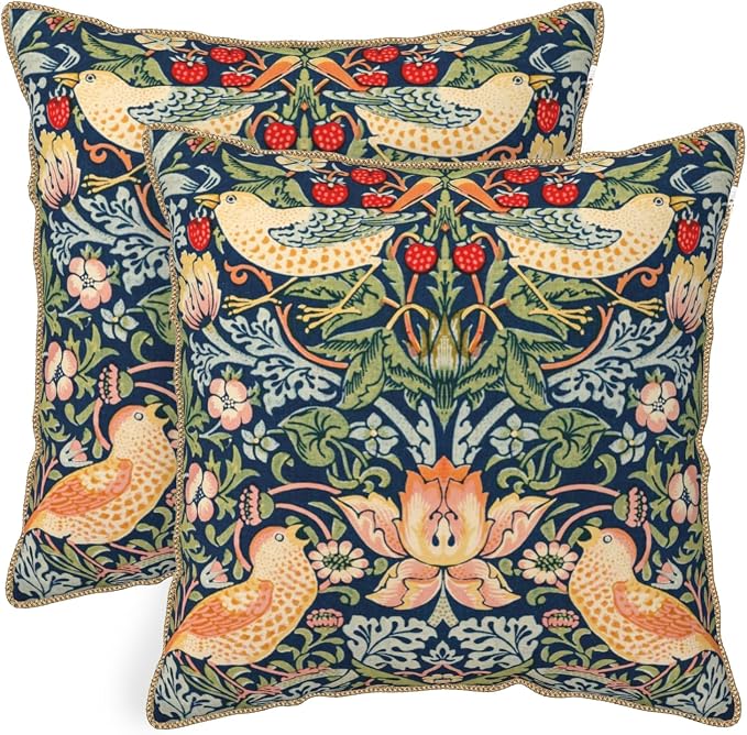 KSLIDS Navy Blue Sage Green Soft Velvet Throw Pillow Covers Set of 2 Red Strawberry Floral Bird Decorative Pillow Covers 16x16 Inch Vintage Chinoiserie Pillow Case for Sofa Couch Farmhouse Home Decor