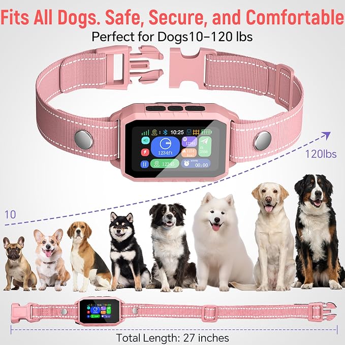 GPS Wireless Dog Fence & Remote Training Collar, Free APP Control, No Subscription Fee, Adjustable GPS Boundary, Pink, Dogs 10-120 lbs