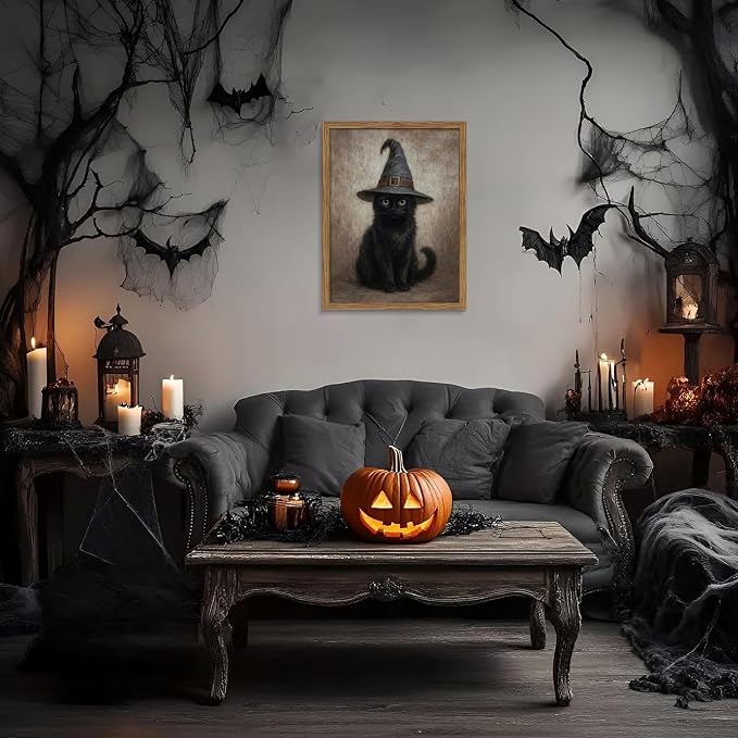Framed Halloween Cat Wall Art, Vintage Gothic Black Cat Witch Canvas Wall Decor Paintings, Moody Dark Academia Animal Artwork Posters Prints Pictures for Bedroom Living Room 16x24 Inch