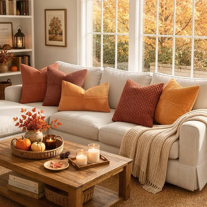 MIULEE Fall Burnt Decorative Euro Sham Pillow Covers 24x24 Inch 2 Pack | Boho Farmhouse Pillow Covers, Soft Cross Corduroy Patchwork Textured Cushion Cases For Couch Bed Sofa