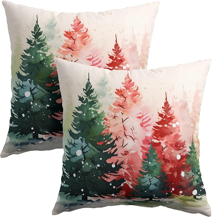 Kawani Christmas Trees Pillow Covers 20x20 inch Set of 2,Green Red Tree Forest Cotton Linen Throw Pillows Cases Winter Holiday Famliy Party Decoration for Home Living Room Couch Sofa Bed