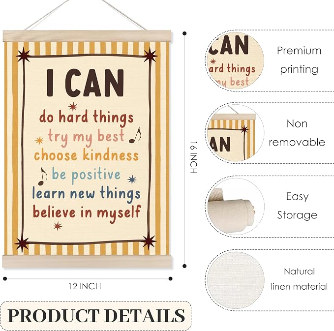 Koesus Inspirational Classroom Striped Wall Art Poster Hanger Frame 12x16 Inch Set of 3, Positive Affirmations for Kids, Motivational Canvas Pictures Prints Framed Wall Decor for Classroom Kids Room Playroom