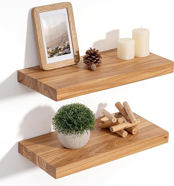 Floating Shelves for Wall Decor, 8" Deep Rustic Solid Elm Wood Floating Shelves Wall Mounted, Wall Shelves with Invisible Bracket for Living Room Bathroom Bedroom Kitchen, 16 Inch Set of 2, Natural