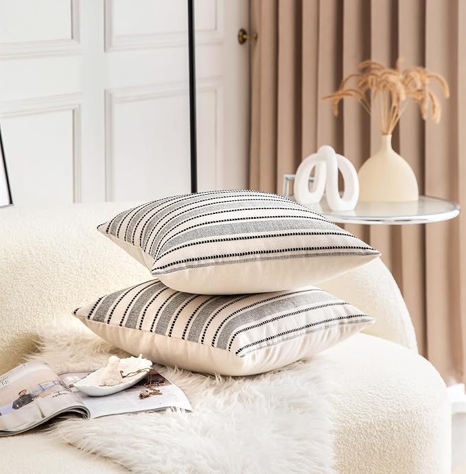 Cethom Decorative Boho Throw Pillow Covers, Farmhouse Textured Pillow Case, 20 x 20 Inch Set of 2, Chair Sofa Bedroom Living Room Home Decor Couch Cushion Case, Black and Beige Striped