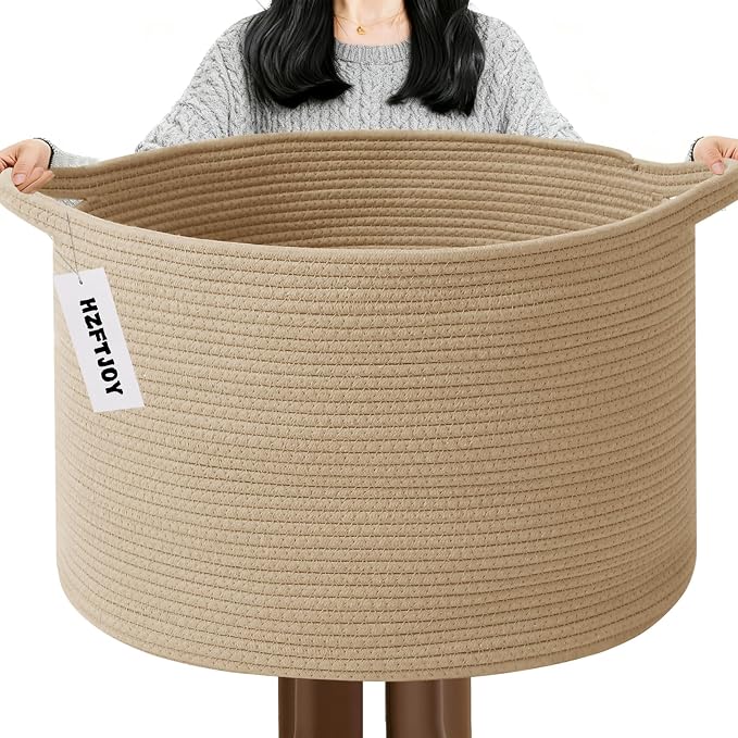 65L Large Blanket Basket,Woven Rope Laundry Basket-Camel | Collapsible, reinforced handles, nursery storage bin organizes clothes, toys and pillows for living room, bedroom bathroom