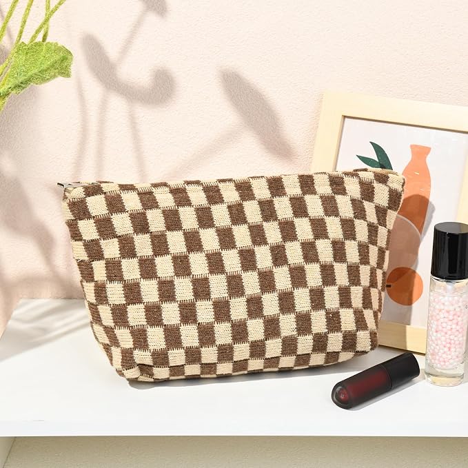 SOIDRAM 2 Pieces Makeup Bag Large Checkered Cosmetic Bag Capacity Canvas Travel Toiletry Bag Organizer Cute Makeup Brushes Aesthetic Accessories Storage Bag for Women, Brown checkered