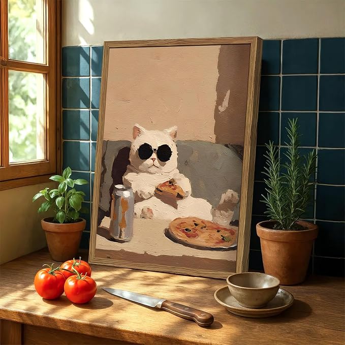 Funny Kitchen Cat Wall Art, Whimsical Animal Wall Decor Painting 3D Textured Sandstone Poster Picture Print Cute Cat Artwork for Bedroom Dining Room Nursery 16x24 inch Wood Framed