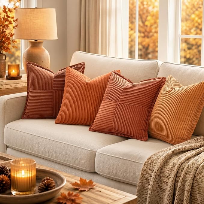 MIULEE Fall Rust Decorative Throw Pillow Covers for Couch 18x18 Inch | 2 Pack, Terracotta Boho Broadside Striped Patchwork Pillow Covers, Soft Corduroy Cushion Cases, For Sofa Bed Livingroom