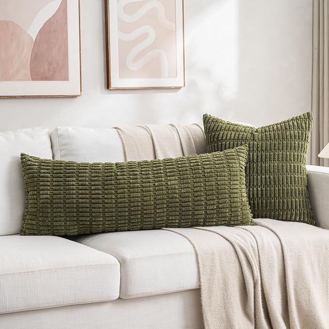 Fancy Homi Decorative Throw Pillow Covers for Bed Couch Bedroom Bench, Soft Corduroy Solid Pillow Case, Rustic Farmhouse Boho Room Decor,54" x 20" (Pack of 1),Moss Green