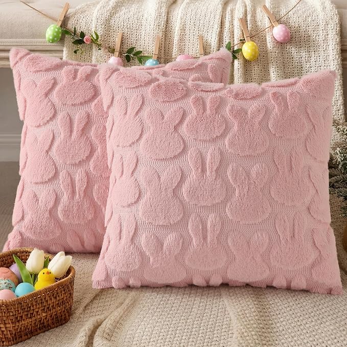 decorUhome Pink Faux Fur Bunny Throw Pillow Covers 20X20 Set of 2 | Plush Soft Wool Jacquard Pink Rabbit Cushion Covers, Modern Farmhouse Easter Holiday Decor PillowCases for Sofa Bed