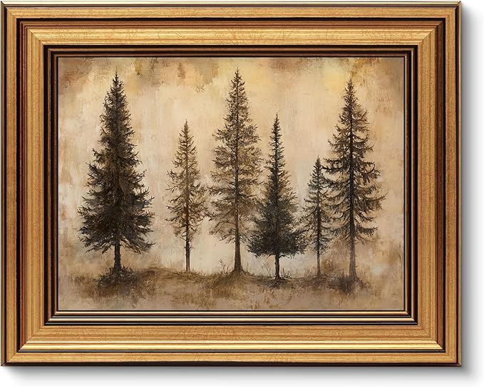 Gold Framed Wall Art, Vintage Pine Trees Canvas Prints, Rustic Nature Woodland Landscape Picture Wall Decor, Country Farmhouse Cabin Artwork for Living Room Bedroom 9x11 inch