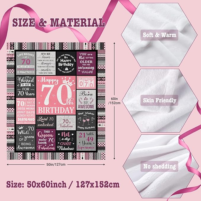 Ivivis 70th Birthday Gifts for Women, Happy 70th Birthday Decorations, 1956 Birthday Gifts for 70 Year Old Woman, Soft Flannel Pink Throw Blanket 60”X50”