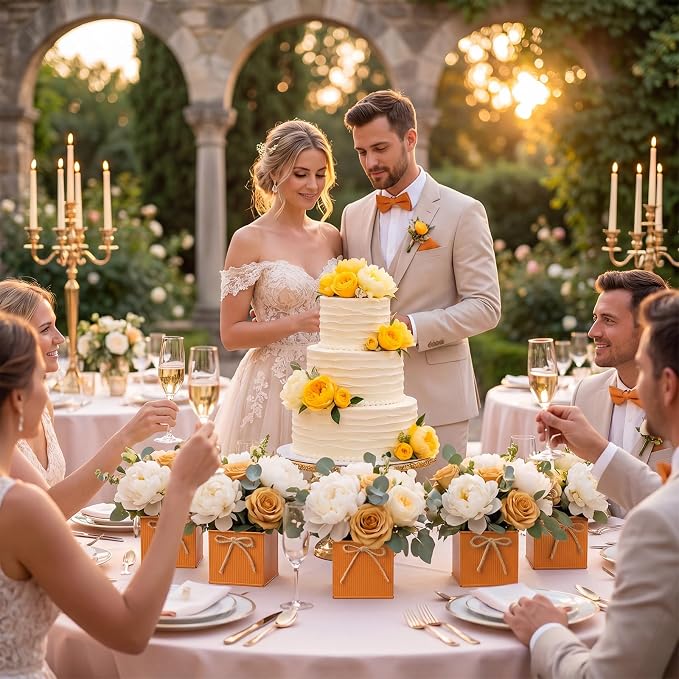12 Pack Galvanized Square Vases with Floral Foam, 3.5 inch Waterproof Rustic Tin Buckets with Twine Bows, Mini Farmhouse Metal Planter Centerpieces for Wedding Party Table Decor(Orange)