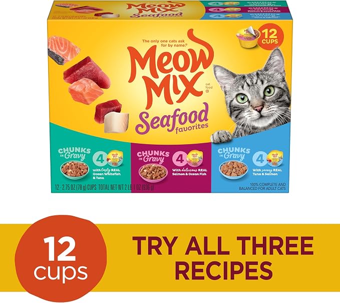 Meow Mix Seafood Favorites Chunks in Gravy Wet Cat Food Variety Pack, 2.75 Ounce (Pack of 48)