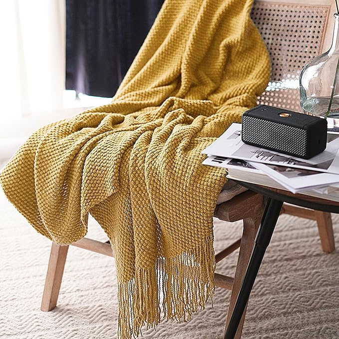 LOMAO Knitted Throw Blanket with Tassels Bubble Textured Lightweight Throws for Couch Cover Home Decor (Mustard Yellow, 50x60)