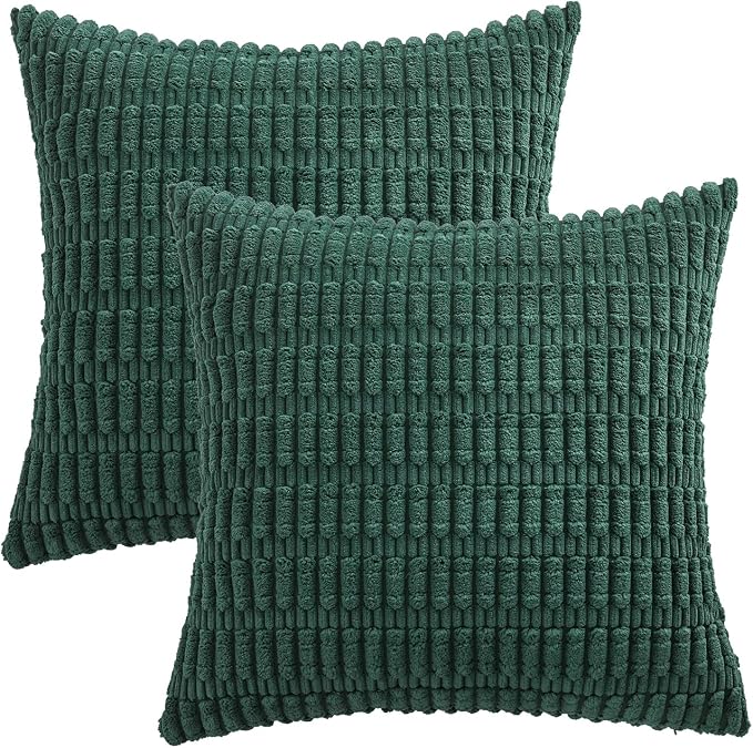 Volcanics Pack of 2 Corduroy Dark Green Throw Pillow Covers 18x18 | Decorative Soft Striped Square Cushion Cases, Modern Farmhouse Boho Home Decor