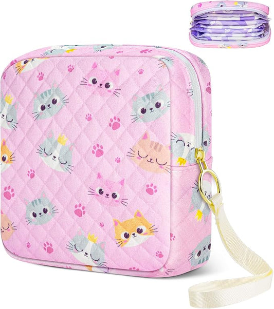 Likesing Tampon Holder for Purse, Quilted Period Bag Sanitary Napkin Storage Bag for Girls Womens, Portable Feminine Emergency Pad Period Pouch(Pink Cat)
