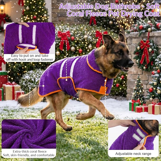 Bienbee Dog Bathrobe, Super Absorbent for Small to Large Dogs, Purple M | Dog Robes with Soft Fleece, Warm & Cozy, Adjustable Fit, and Quick Drying Coat for Baths Swimming and Grooming