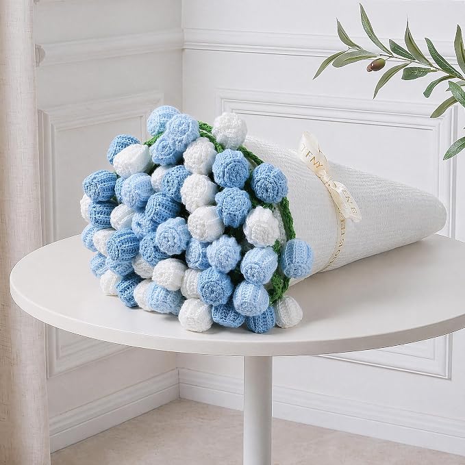 Ivydale Crochet Flower Bouquet Throw Blanket with Blue Rose