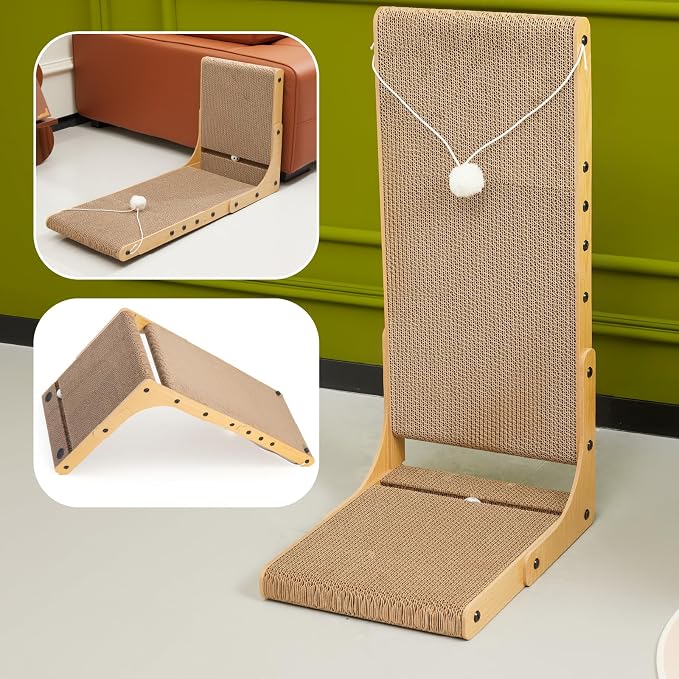 27.6 Inch Reinforced Cat Scratcher, L-Shaped Wall Mount Scratching Post with 2 Catnip Balls & 1 Fuzzy Ball Toy, Easy Flip Scratch Pad for Indoor Cats