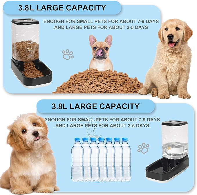 Elevon Automatic Cat Feeder, Gravity Food and Water Dispenser Bowl Set for Small Medium Dogs Animals, Pet Feeder Dispenser Storage Food, 3.8L Large Capacity, Black