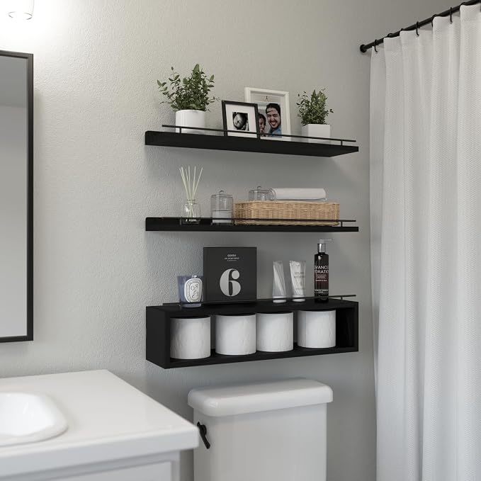 Floating Shelves for Wall 24 inch with Cube Shelf, Wall Shelves with Metal Rail for Decor, Bathroom Organizers and Storage, Over Toilet Shelves for Bathroom, Toilet Paper-Black