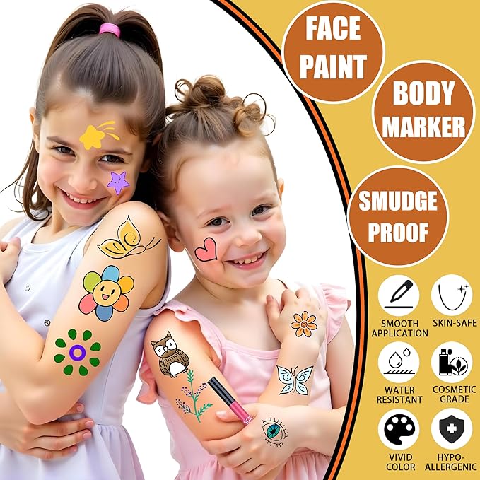 Jim&Gloria Water Resistant Face Paint Tattoo Pen, Temporary Tattoo Markers for Skin, Body Painting Kit, Teen Girl Gifts Trendy Stuff, Makeup Toys Crafts, Christmas Gifts for Kids Teenage Adults