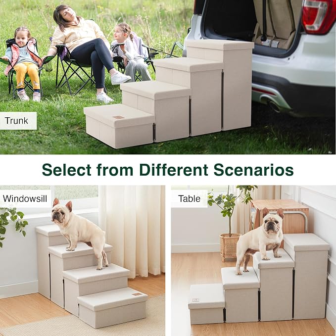 Love's cabin Dog Stairs for High Bed, Foldable Pet Stairs for Small Medium or Large Dogs Puppy with Storage for Bed or Couch, Cat Dog Steps Ramp with Zip up to 200 lbs, Beige, 4 Steps