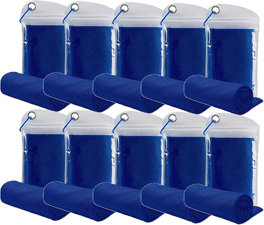 10 Pack Cooling Towels Bulk Microfiber Ice Towel Quick Dry Breathable Chilly Sweat Towel Stay Cool Towel for Neck Face Yoga Gym Workout Running Beach with Carabin Bag, 40x12'', Dark Blue