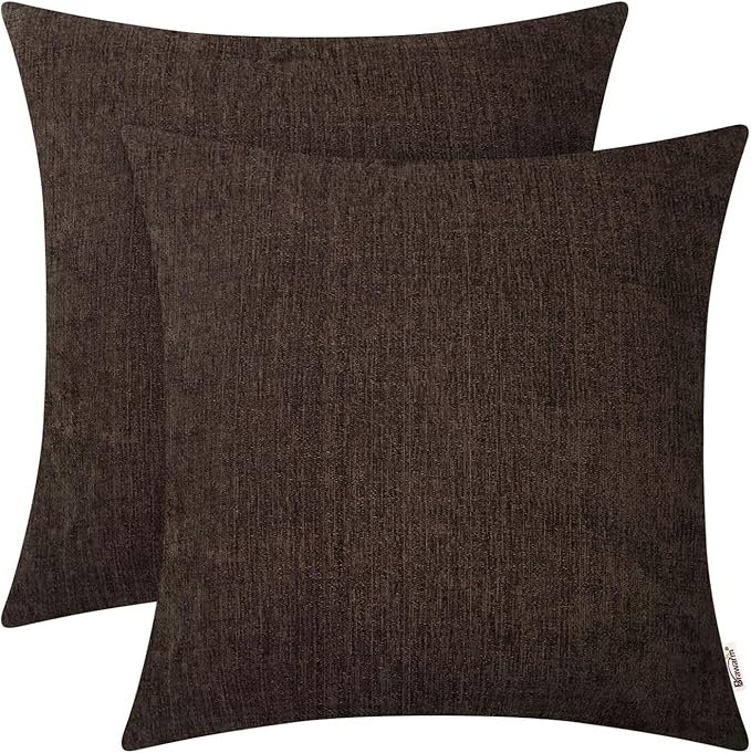 BRAWARM Throw Pillow Covers 20x20 Inches - Coffee Chenille Pillow Covers Pack of 2, Solid Dyed Soft Chenille Pillow Cases for Couch Sofa Bed Home Decoration