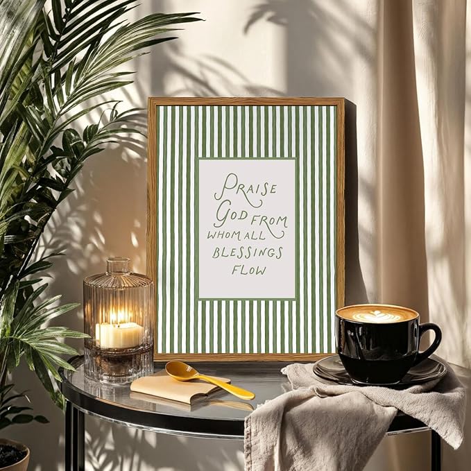 Framed Christian Wall Art, Praise God From Whom All Blessings Flow Scripture Pictures Wall Decor, Sage Green Striped Bible Verse Paintings Canvas Prints Religious Home Decor for Living Room 16x24 inch