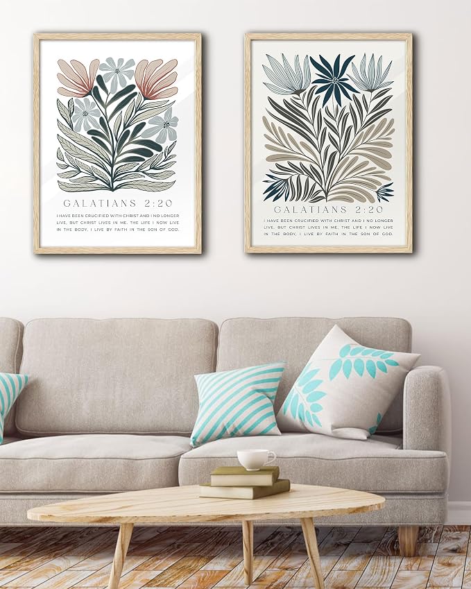 EcoHest 16x20 in Galatians 2:20 Abstract Floral Framed Christian Wall Art | Solid Oak Wood Frame with Canvas Wall Art, Boho Scripture Bible Verse Decor for Bedroom, Living Room, Office, Church, 1Pack